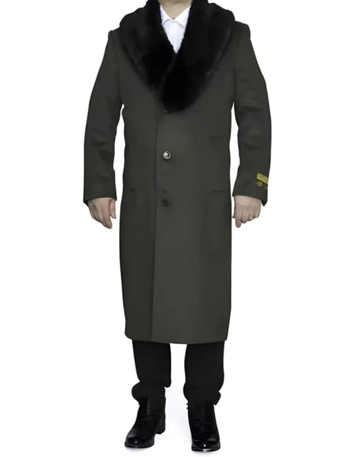 Mens Full Length Olive Overcoat with Black Fur Collar - Luxury Wool Fabric Winter Long Coat in Hunter Green by USA Men's Outlet
