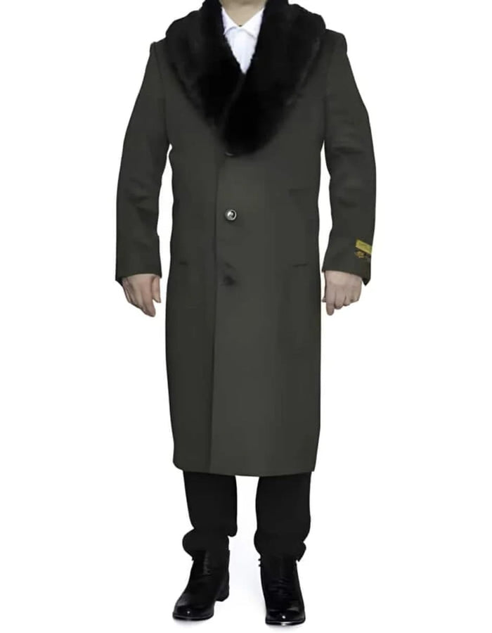 Mens Full Length Olive Overcoat with Black Fur Collar - Luxury Wool Fabric Winter Long Coat in Hunter Green by USA Men's Outlet