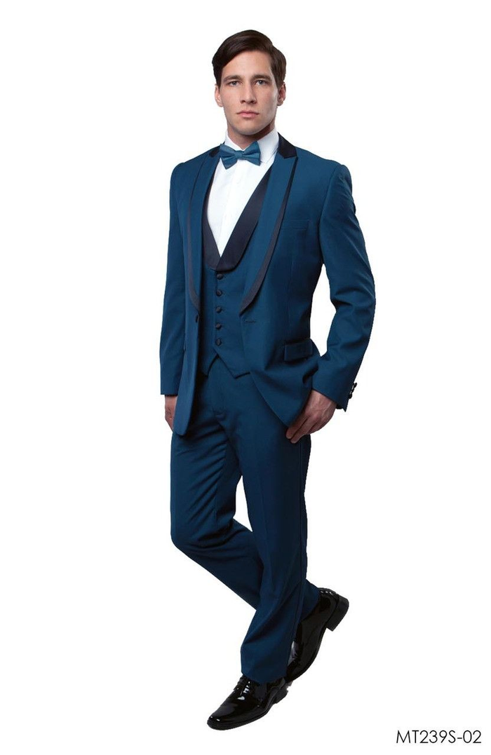 Men’s Teal Blue Tuxedo - 3-Piece Formal Suit with Satin Shawl Lapel, Vest, and Pants in Saphire Cobalt Blue Color by USA Men's Outlet