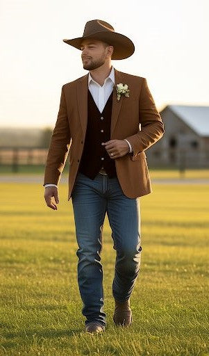 Saco Vaquero Mens Rust Copper Brown Western Blazer – Cowboy Style Classic Tailored Jacket for Weddings, Rodeos and Country Events