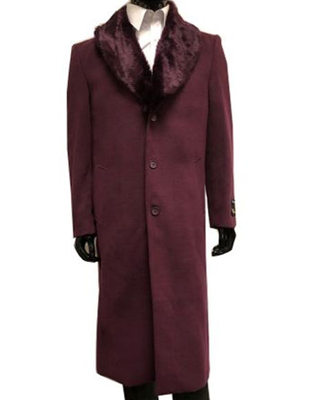 Men’s Burgundy Three Quarter Coat with Faux Fur Collar Overcoat - Luxury Winter Outerwear Three Quarter Carcoat Topcoat by USA Men's Outlet