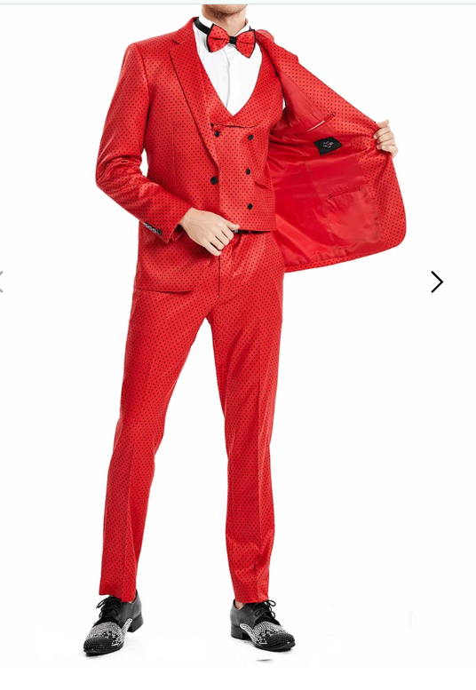 Tazio Men’s Cherry Red and Black  Polka-Dot 3-Piece Suit – Skinny Fit Prom, Wedding and Party Suit or Tuxedo