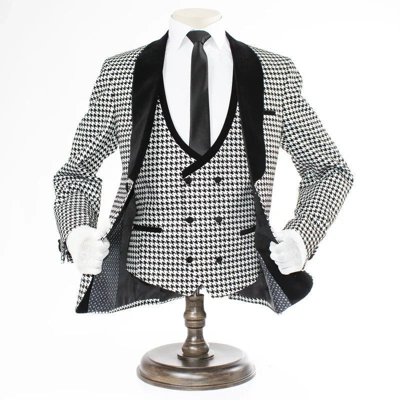 Men’s Black and White Houndstooth Tuxedo Set with Velvet Shawl Lapel | 3-Piece Formal Suit with Double-Breasted Vest