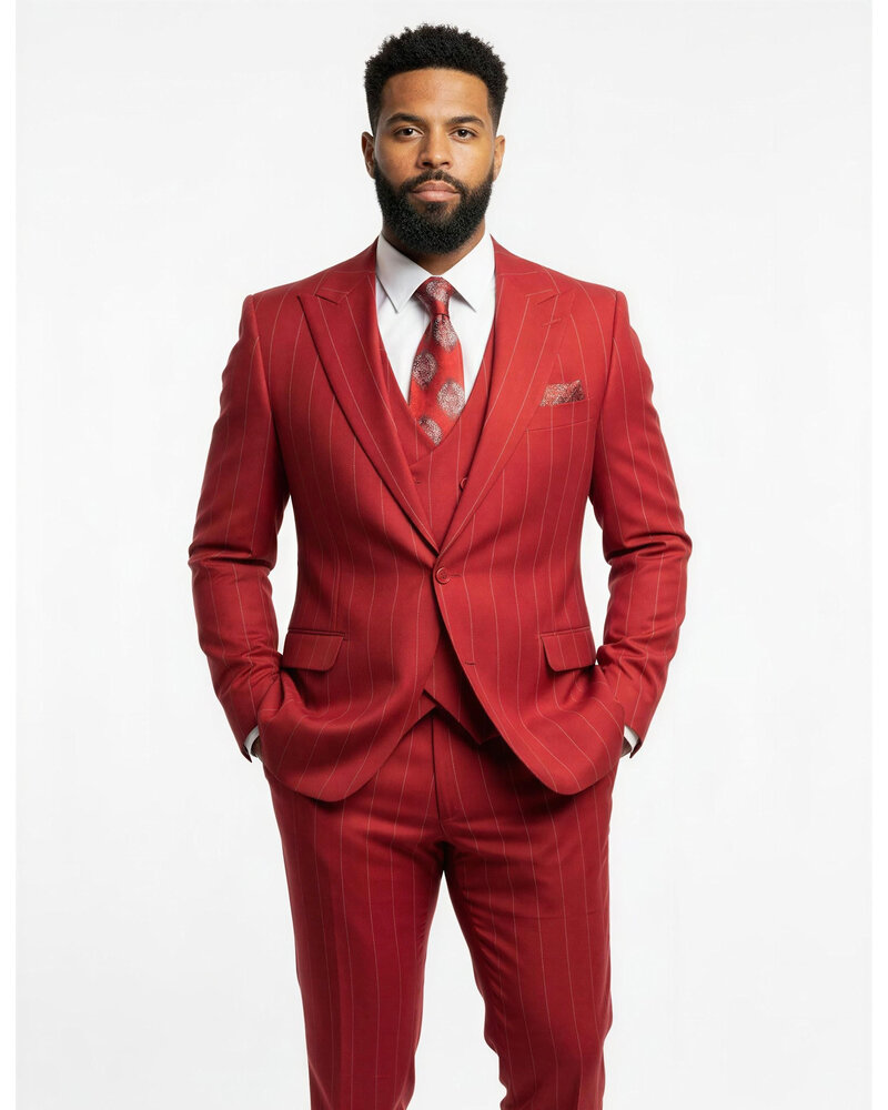 Men’s Red & White Pinstripe 3-Piece Suit by Mazari – Peak Lapel Classic Fit Gangster Suit with Pleated Pants