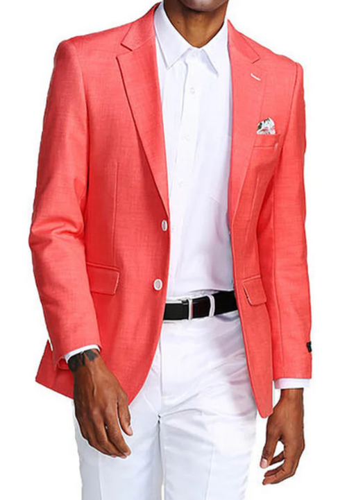 Mens Coral Linen Blazer Sport Coat – Lightweight Summer Linen Jacket for Wedding, Beach Events, Business Casual in Salmon Color