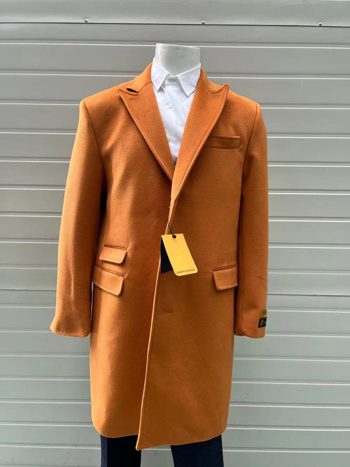 Men’s Orange - Rust Wool Blend Long Overcoat - Topcoat Carcoat Topcoat by USA Men's Outlet
