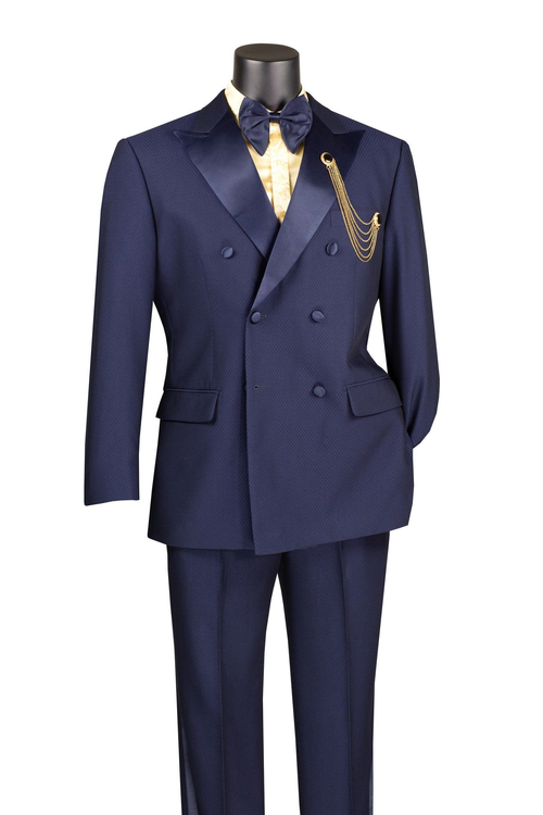 Men’s Navy Blue Double-Breasted Tuxedo with navy Satin Peak Lapel Wedding Suit