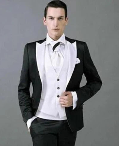 Men’s Black and White Lapel Prom Tuxedo Suit + Black Vest + Black Pants Peak Lapel USA Men's Outlet