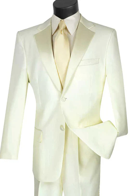 Men’s Ivory Tuxedo Suit with Satin Notch Lapel - Formal Wedding and Evening Wear Suit in Cream Off White Color by USA Men's Outlet