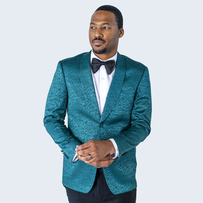Mens Teal Blue Paisley Tuxedo Jacket - Elegant Shawl Lapel Dinner Blazer for Weddings, Prom and Formal Events - Greenish Blue | USA Men's Outlet