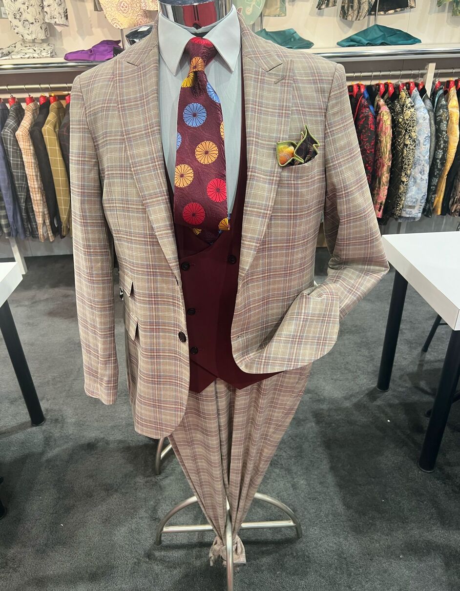 Men's Light Brown Plaid Suit with Burgundy Vest and Colorful Floral Tie – 3 Piece Set - Taupe Windowpane Pattern