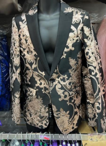 Mens Black and Rose Gold Floral Embroidered Blazer Suit Black Pants - Luxury Tuxedo Jacket for Weddings, Proms and Parties by USA Men's Outlet