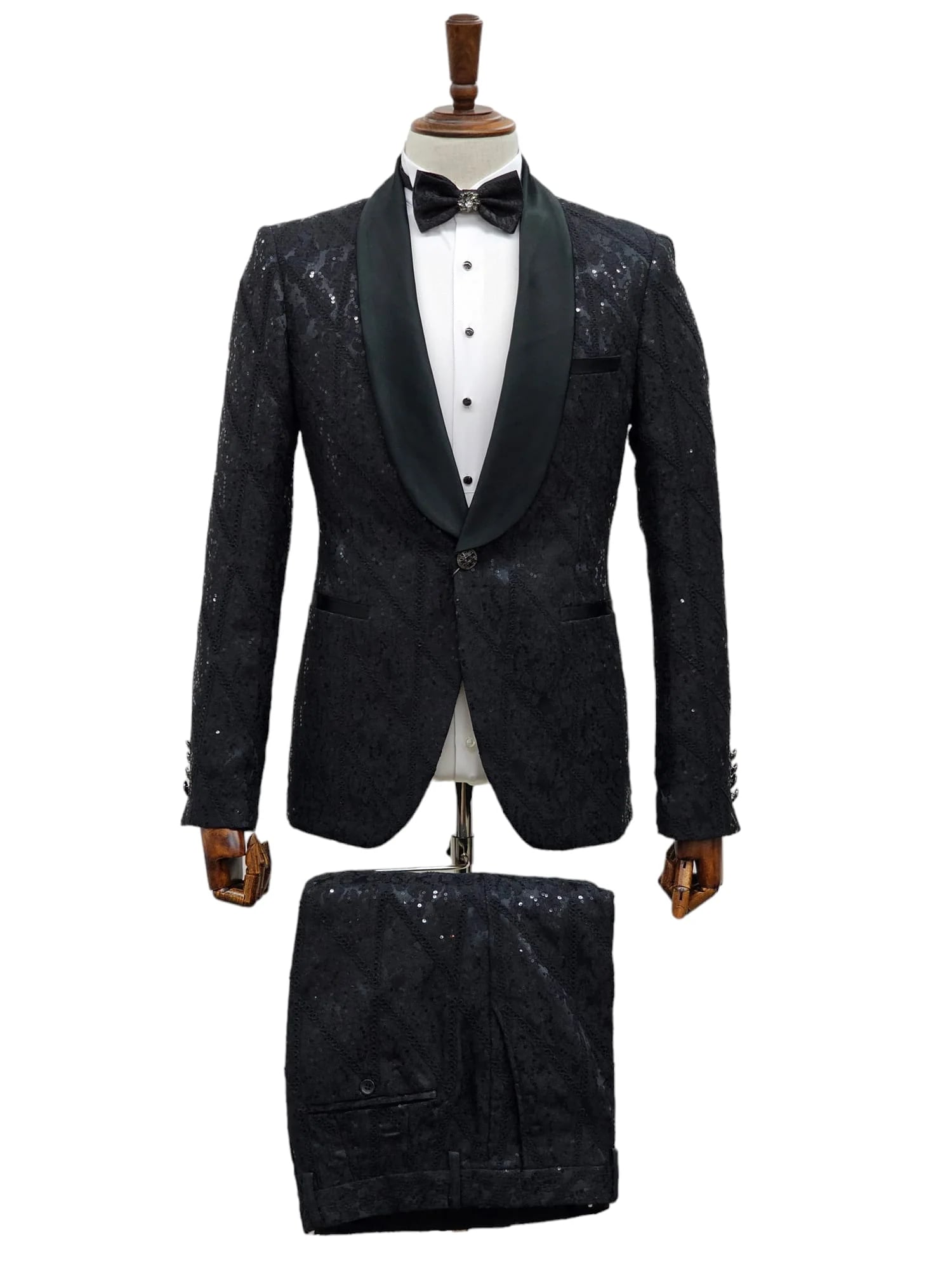 Black Sequin Tuxedo Suit with Satin Shawl Lapel – Mens Slim Fit Formal Prom and Wedding Attire