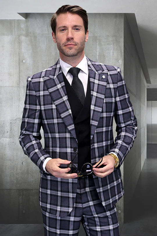 Men’s Big and Tall Charcoal Gray and Black Plaid Blazer - Grey Checker Windowpane Sport Coat by USA Men's Outlet