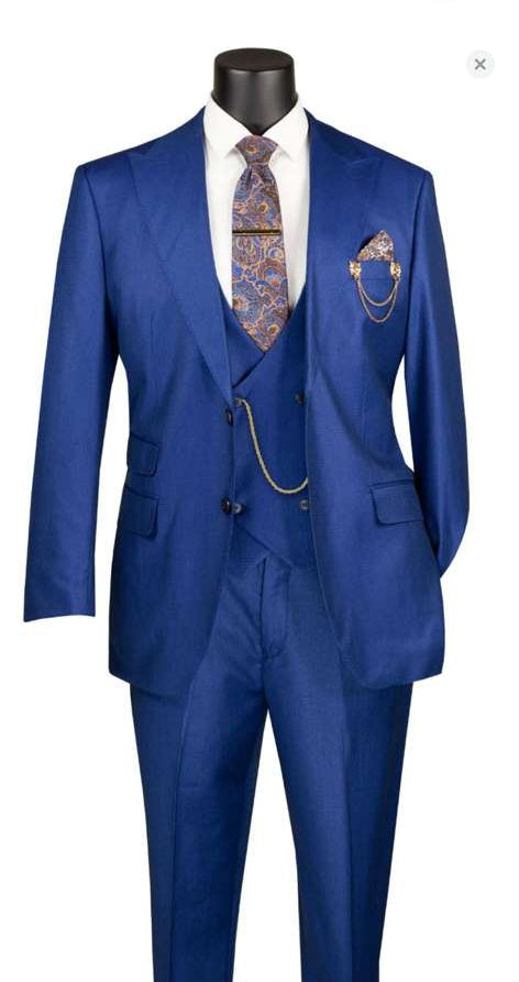 Men’s Royal Blue 3 Piece Suit Set with Vest - Formal Wedding and Party Wear Suit - Saphire Cobalt blue by USA Men's Outlet