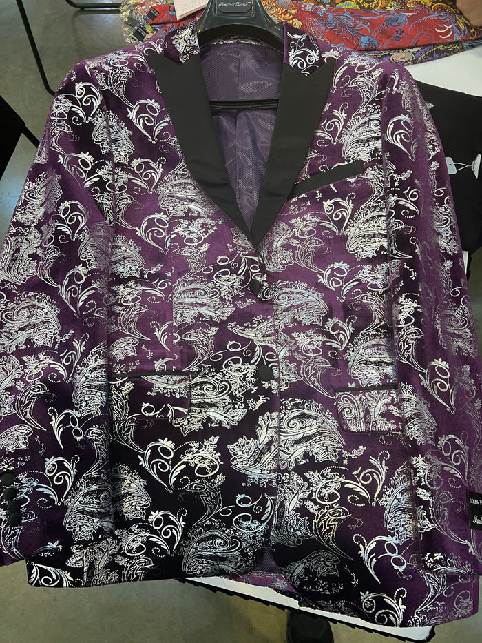 Mens Purple and White Paisley Floral Brocade Tuxedo Jacket - Suit with Satin Lapel Wtih Black Pants by USA Men's Outlet