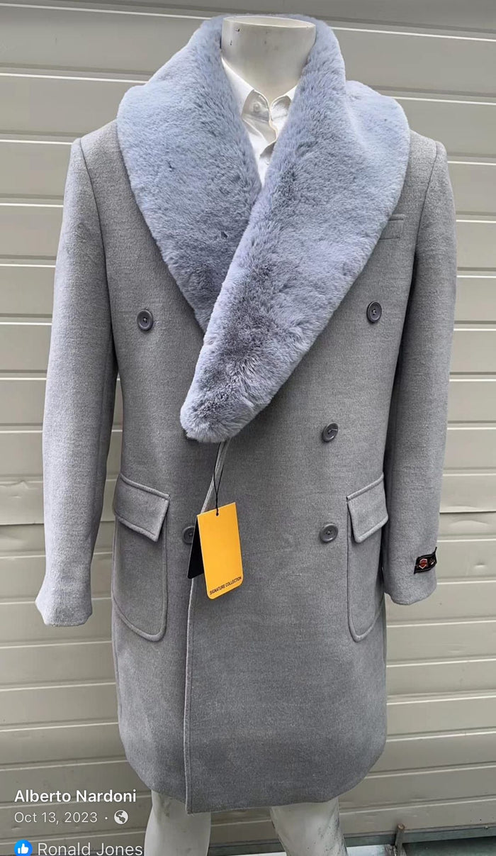 Men’s Light Grey Double Breasted Overcoat with Faux Fur Shawl Collar - Winter Luxury Coat Wool Fabric USA Men's Outlet