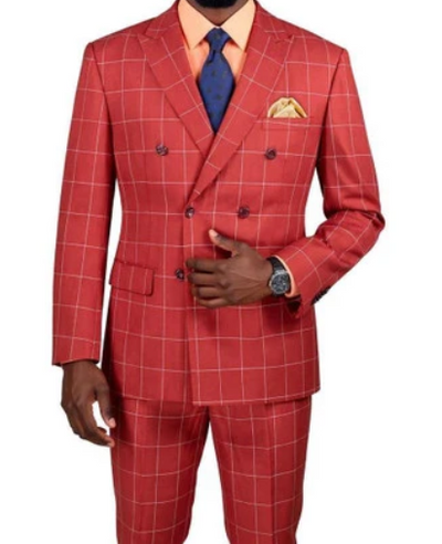 Men's Red Windowpane Plaid Double Breasted Suit – Modern Fit 2 Piece