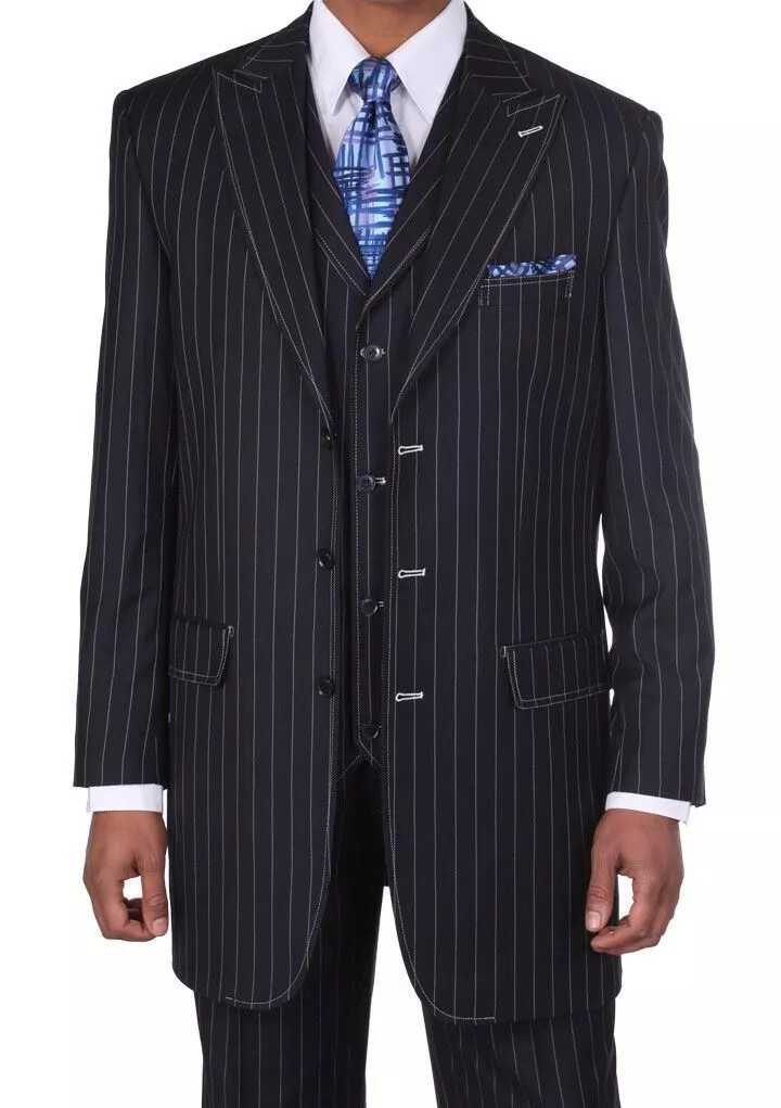 Men’s Three Button Suits -  Navy Blue Pinstripe Three-Piece Suit – Classic Business and Formal Wear with Tailored Fit – SuitUSA