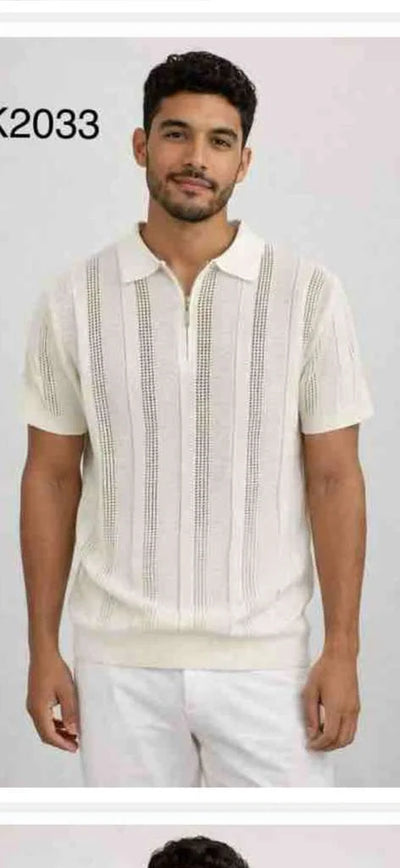 Mens Cream Ivory Off White Knit Walking Suit Set – Lightweight Short Sleeve Shirt and Pants Outfit for Summer, Vacation and Casual Wear