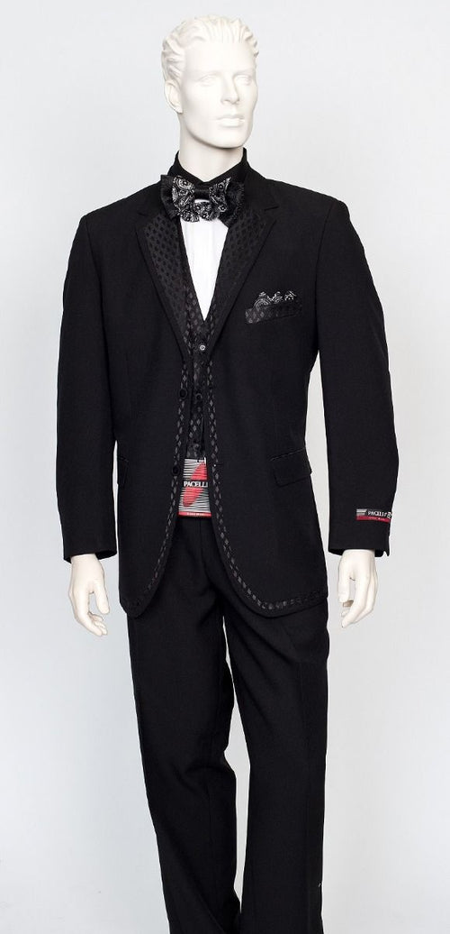 Men's Black Vested Tuxedo Suit with Patterned Lapel – Classic Formal Suit for Wedding, Party and Evening Events