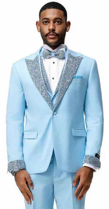 Men's Light Blue 3 Piece Prom 2026 Tuxedo – Sky Formal Suit With Sequin Lapel Wedding Party Set Baby 34 Short or Extra Small