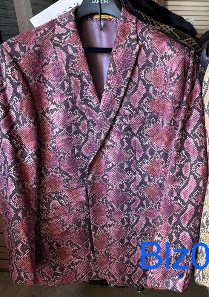 Men’s Burgundy and Black Snakeskin Print Blazer - Alligator Crocodile Sport Jacket Exotic Skin by USA Men's Outlet