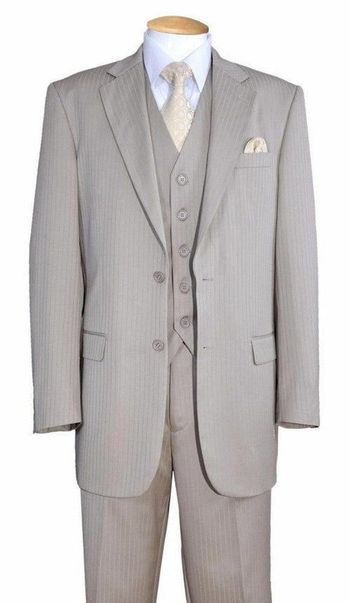 Men’s Light Tan Pinstripe 3 Piece Suit with Jacket, Vest, and Pants - Shadow Stripe Tone Tone Pleated Pants Classic by USA Men's Outlet
