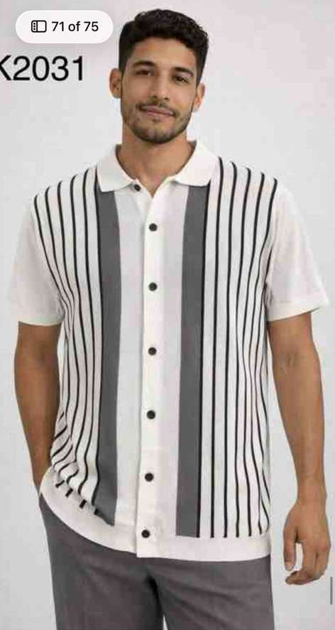 Mens White and Charcoal Gray Stripe Walking Suit Set – Short Sleeve Button Shirt and Pants Casual Summer Outfit for Travel, Vacation and Everyday Wear