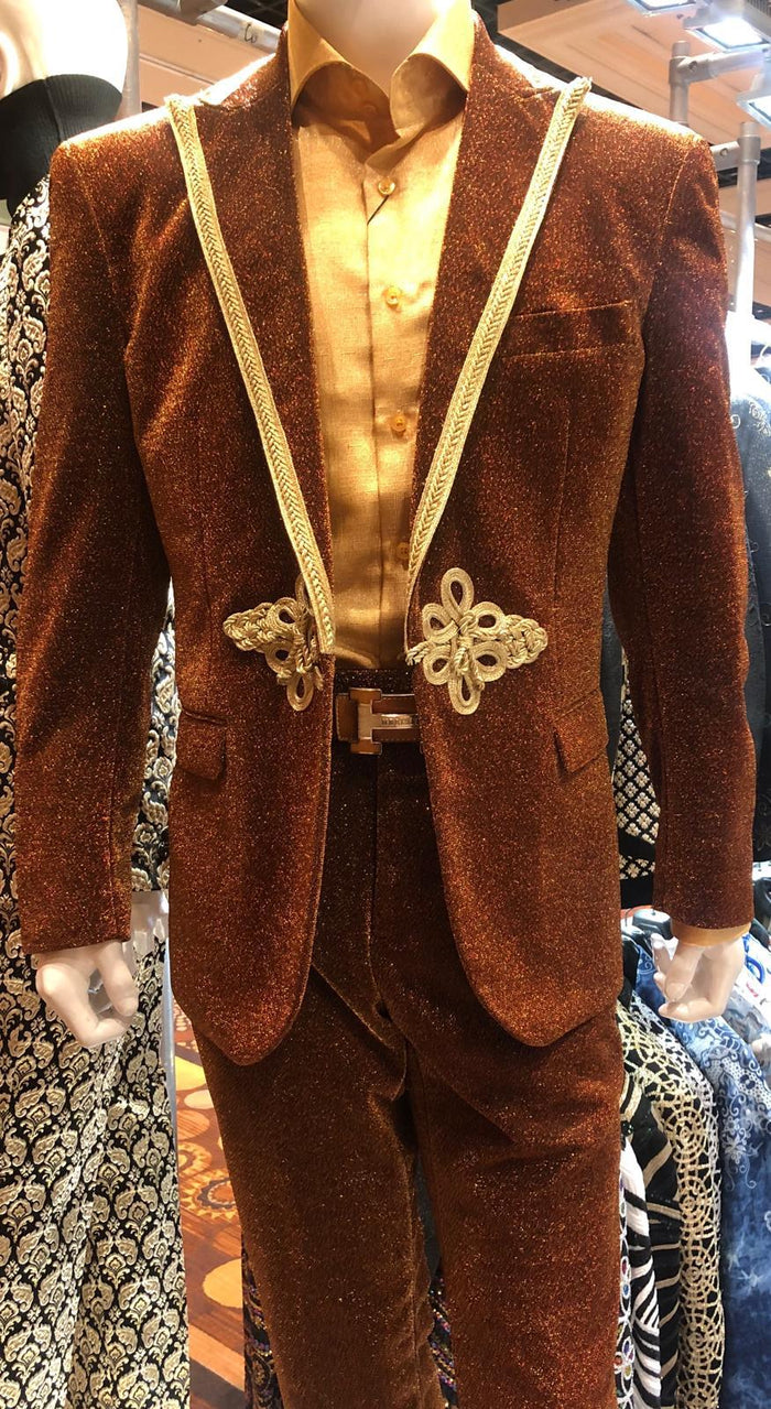 Mens Bronze Shiny Velvet Suit - Designer Party and Wedding Wear Blazer and Pant Set Brown and Gold Tuxedo by USA Men's Outlet
