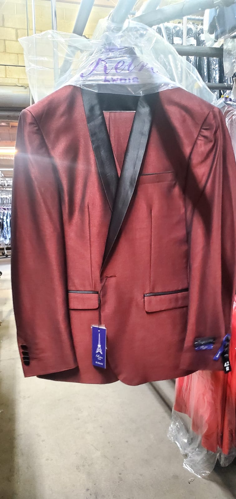 Men’s Shiny Burgundy Satin Tuxedo Jacket with Black Shawl Lapel | Formal Wedding & Prom Blazer - Sharkskin Fabric