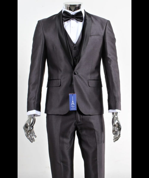 Men’s Shiny Sateen Charcoal Gray Tuxedo 3 Piece Suit with Black Shawl Lapel | Formal Wedding Prom Suit Sharkskin