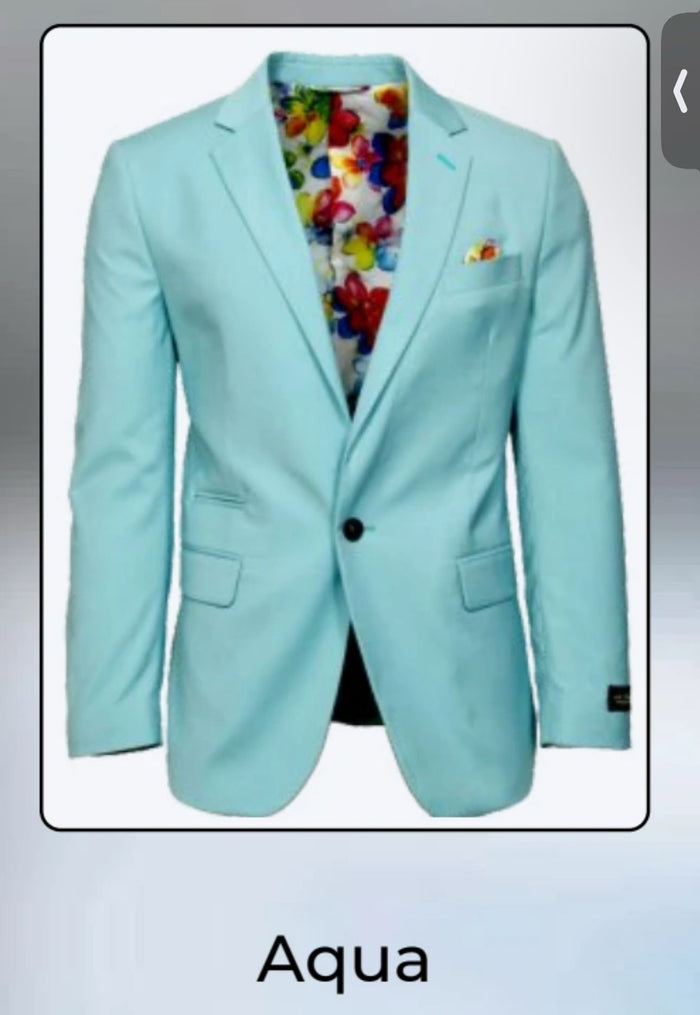Men’s Aqua Blazer - Slim Fit One Button Suit Jacket with Stylish Floral Inner Lining - Light Turquoise by USA Men's Outlet