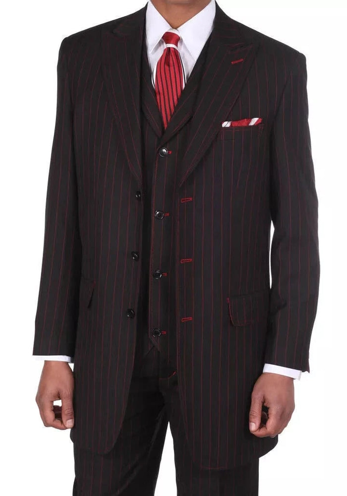 Mens Black and Red Pinstripe Zoot Suit - 1920s Gangster Vintage 3-Piece Suit for Formal, Prom, and Themed Events by USA Men's Outlet