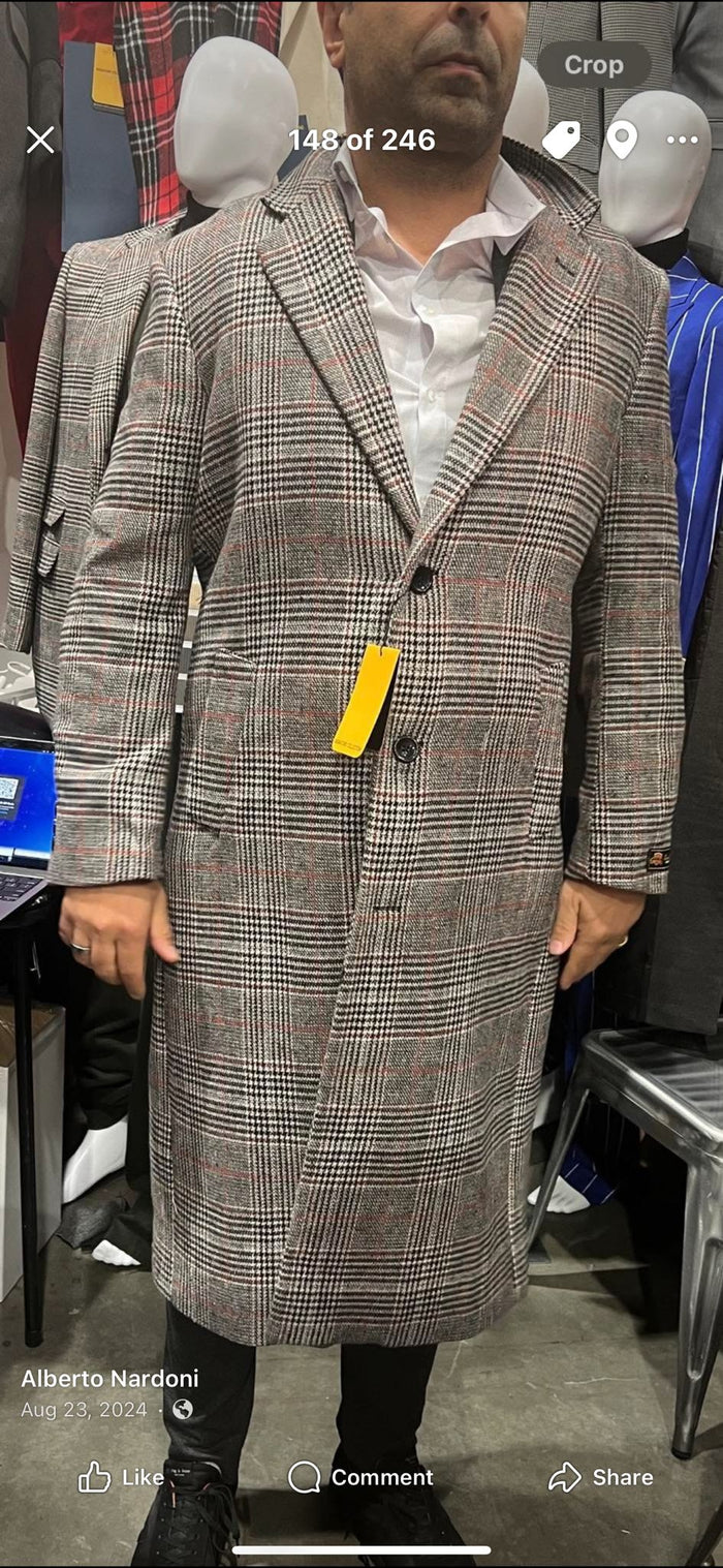 Men’s Full length Long Plaid Overcoat - Classic Checkered Wool Blend Winter Coat in Gray Color Checkered by USA Men's Outlet