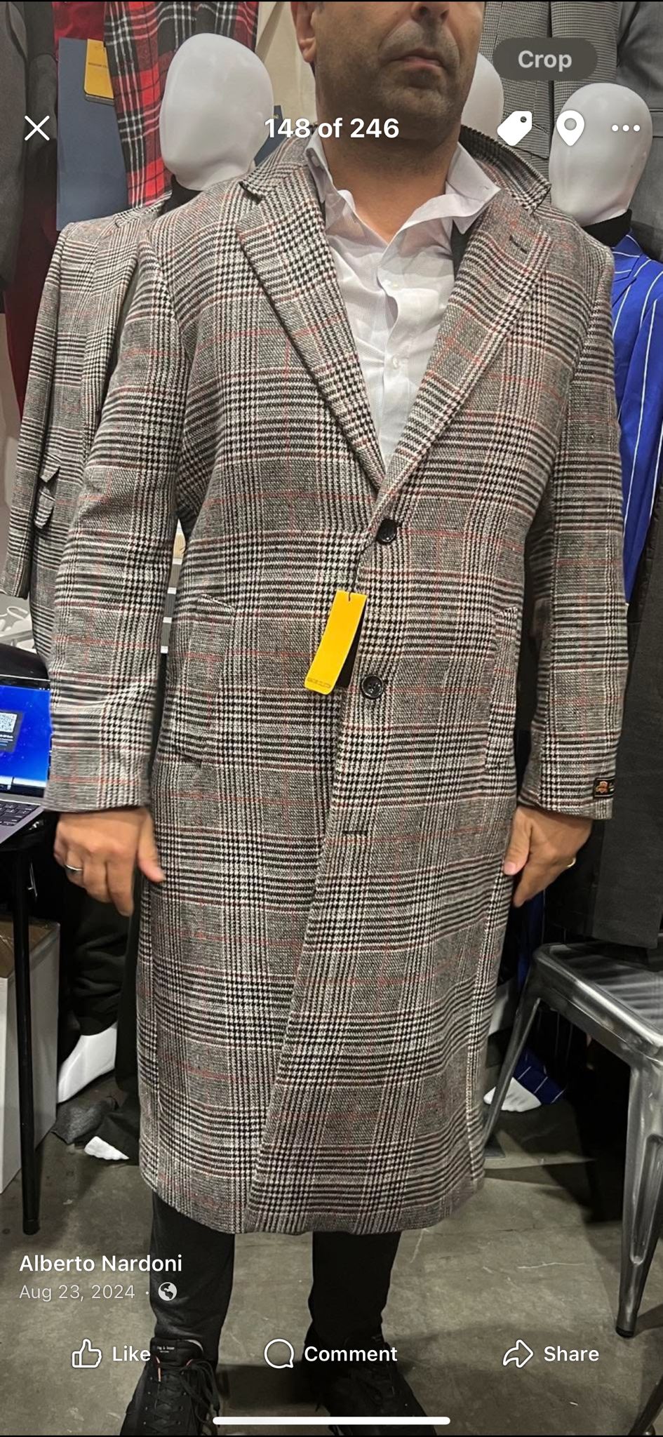 Men’s Full length  Long Plaid Overcoat – Classic Checkered Wool Blend Winter Coat in Gray Color Checkered