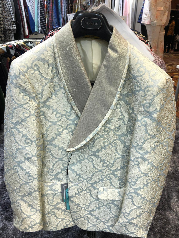 Men’s Champaign Silver and Cream Embroidered Luxury Blazer - Floral Pattern Wedding & Party Dinner Jacket in Light Tan Color by USA Men's Outlet