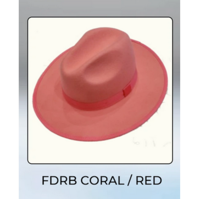 Men’s Coral Pink Wide Brim Fedora Hat - Wool Felt Dress Hat with Red Ribbon Band by USA Men's Outlet