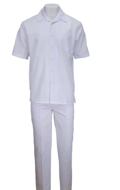 Mens White Seersucker Walking Suit Set – Casual Summer Short Sleeve Outfit with Matching Pants Lightweight Two Piece Set