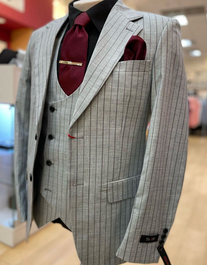 Men’s 3-Piece Light Grey Pinstripe Suit with Vest - Classic Business, Wedding, and Formal Attire by USA Men's Outlet