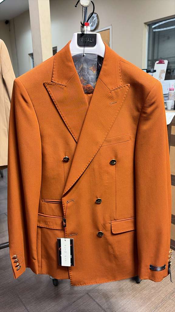 Vitali Brand Men’s Burnt Orange Double Breasted Suit - in Rust Brick Copper Color USA Men's Outlet