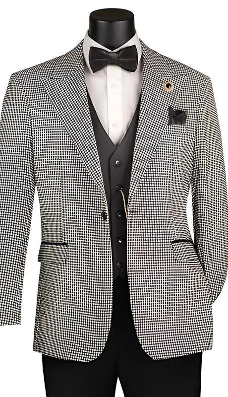 Men’s Black and White Houndstooth Gatsby Inspired Suit – Vintage Style Formal Suit for Wedding, Prom and Classic Events Blazer + Black vest + Black Pants – SuitUSA