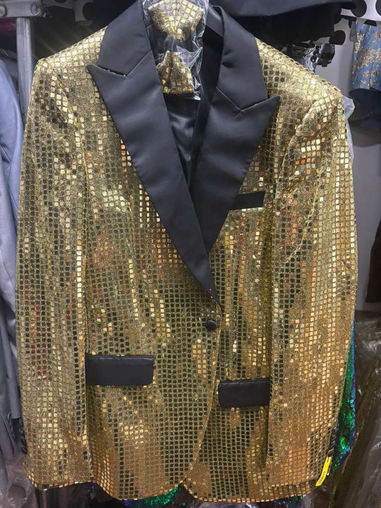 Mens Gold Sequin Blazer with Black Satin Lapel – Gold Formal Party Blazer Jacket for Prom, Wedding and Stage Events