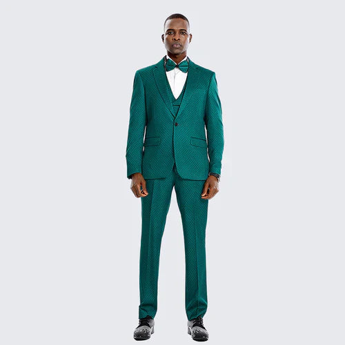 Men’s Emerald Green Textured 3-Piece Suit - Polk Dot Pattern Formal Wedding, Prom, and Evening Wear Outfit by USA Men's Outlet