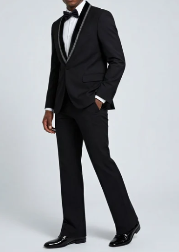 Men’s 1970s Style Black Boot Cut Tuxedo Suit – Shawl Lapel Wedding, Prom and Formal 2-Piece Suit