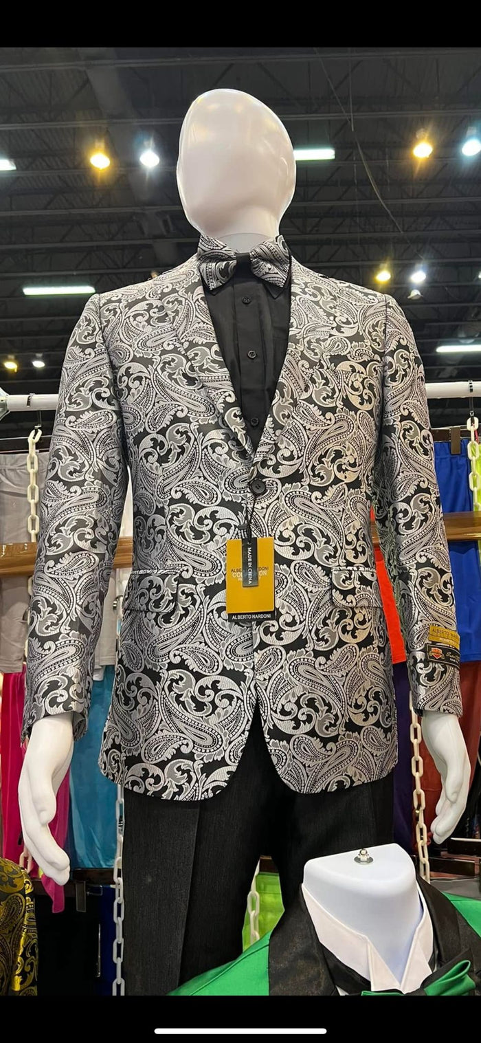 Men’s Black and Silver Paisley Tuxedo Jacket - Slim Fit Dinner Blazer with Matching Bow Tie with Black Pants by USA Men's Outlet