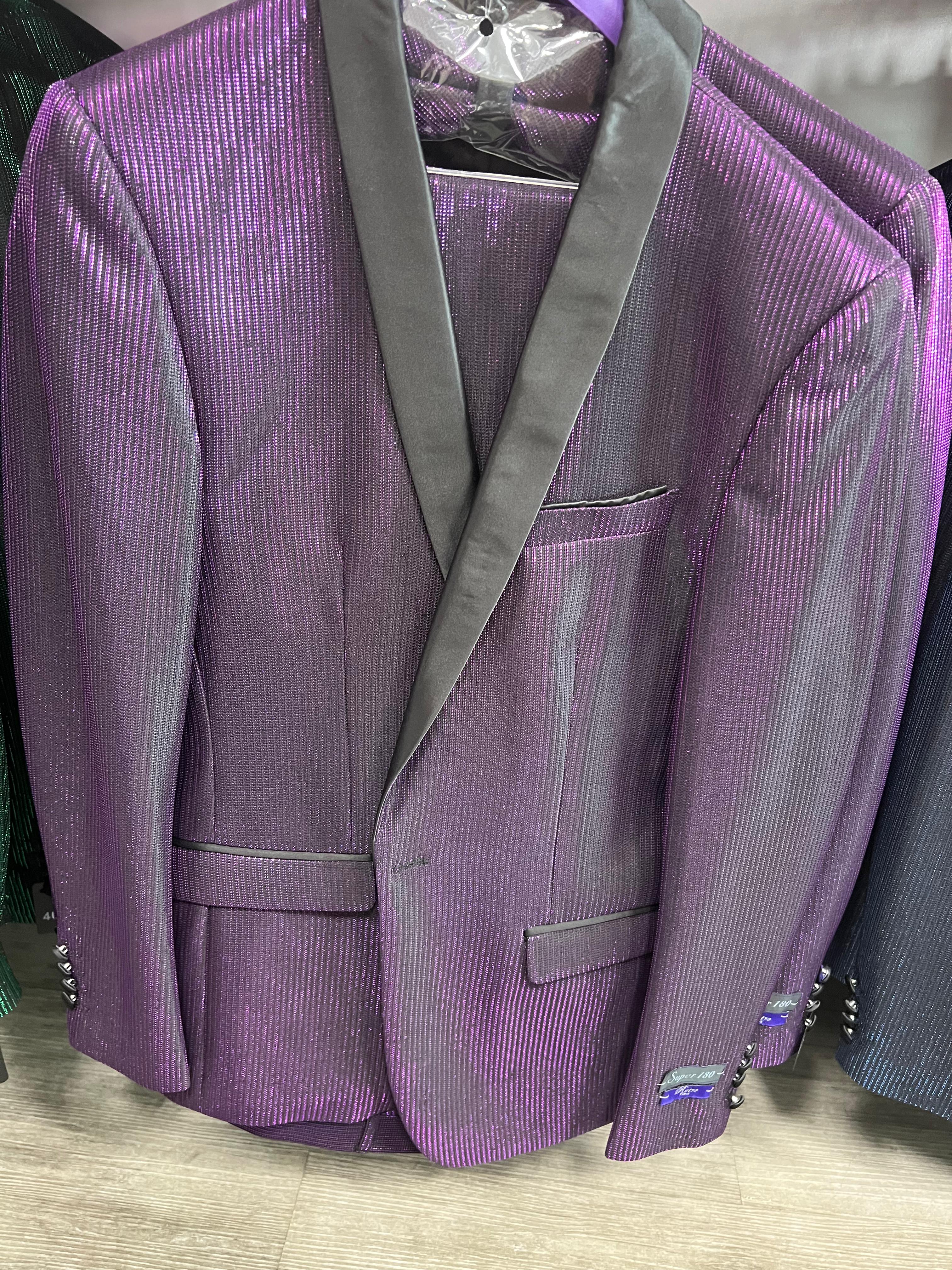 Mens Purple Shimmer Mardi Gras Suit with Black Satin Lapel – Shiny Metallic Formal Party and Carnival Suit Sequin Look