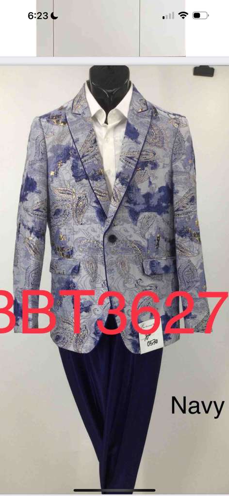 Men’s Navy Blue and Gray Paisley Print Blazer - Prom Jacket for Formal, Party, and Evening Wear by USA Men's Outlet
