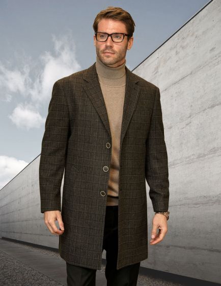Men’s Brown Checkered Wool Overcoat - Long Winter Coat with Classic Plaid Pattern By Statement USA Men's Outlet