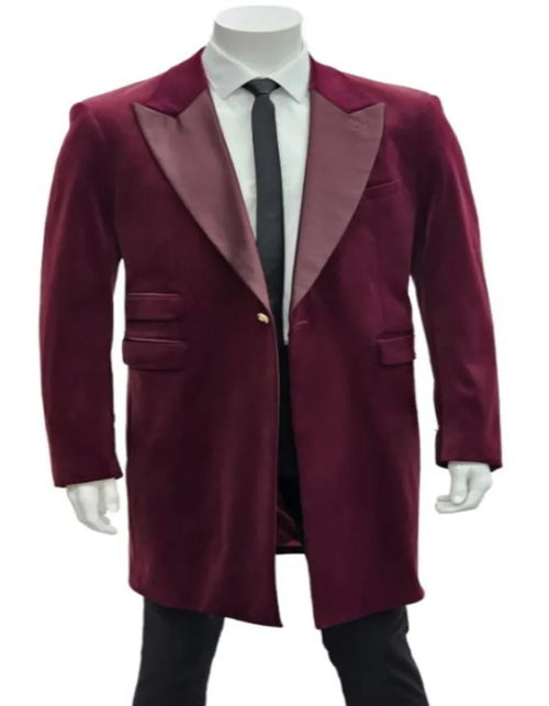 Men’s Burgundy Tuxedo in Velvet Long Blazer - Victorian Cutaway Tuxedo Suit 1920s Gangster Style Long Jacket with Black Pants by USA Men's Outlet